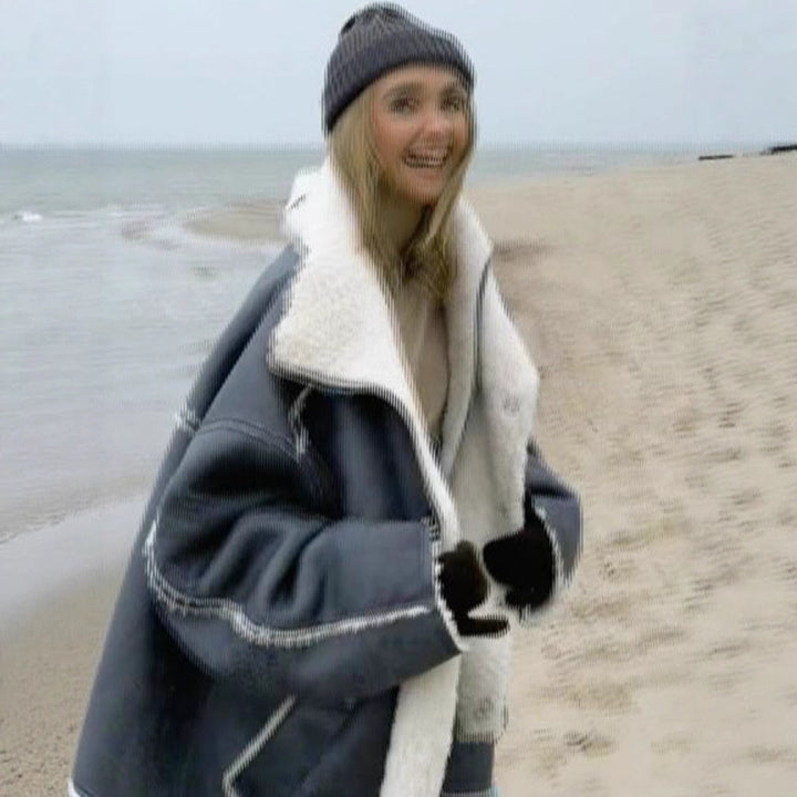 Damen Oversize Pilotjacke im Vintage-Look mit Sherpa‑Futter und Kontrastbesätzen Drune