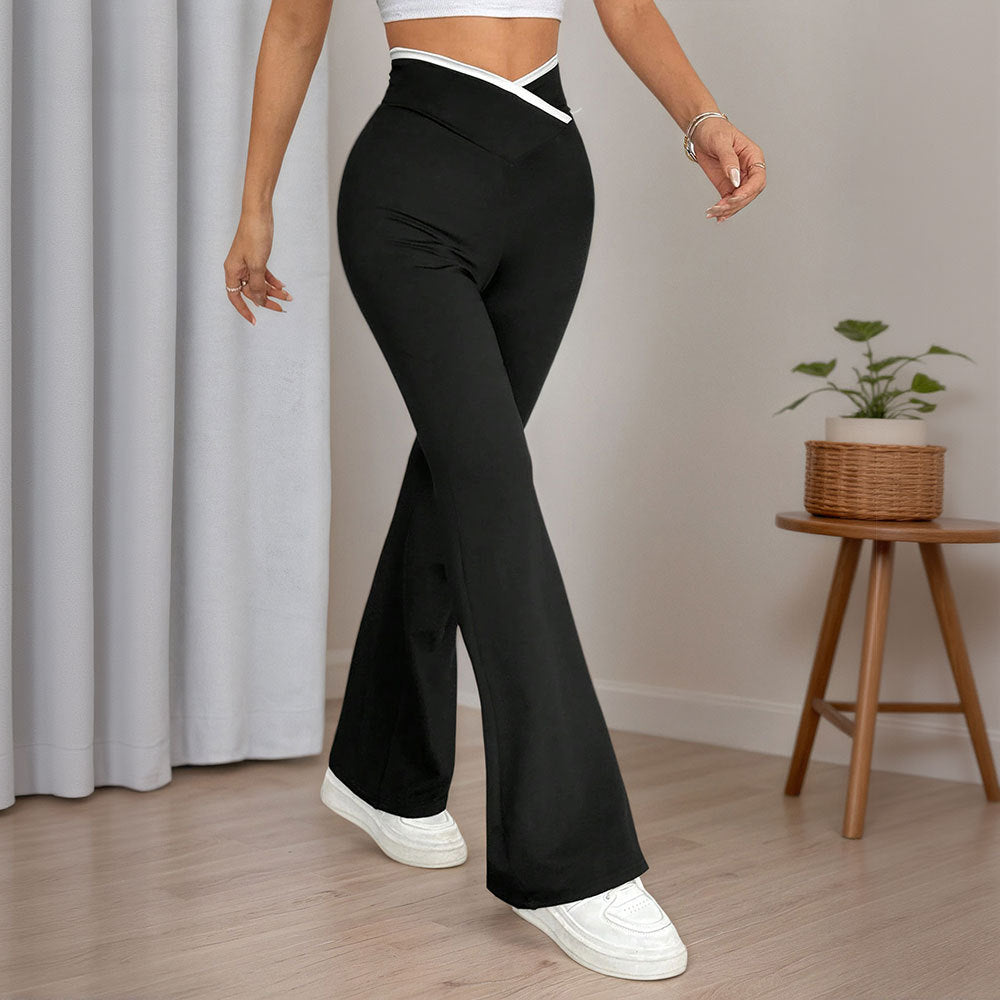 Damen figurbetonte High-Waist-Schlaghose mit V-Bund und formendem Stretchjersey Drune
