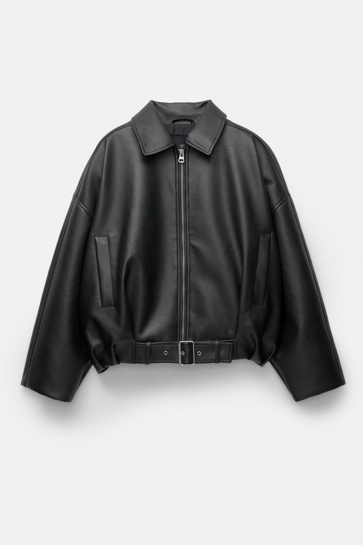Damen lässige Kunstlederjacke mit breitem Kragen und Gürtel Drune