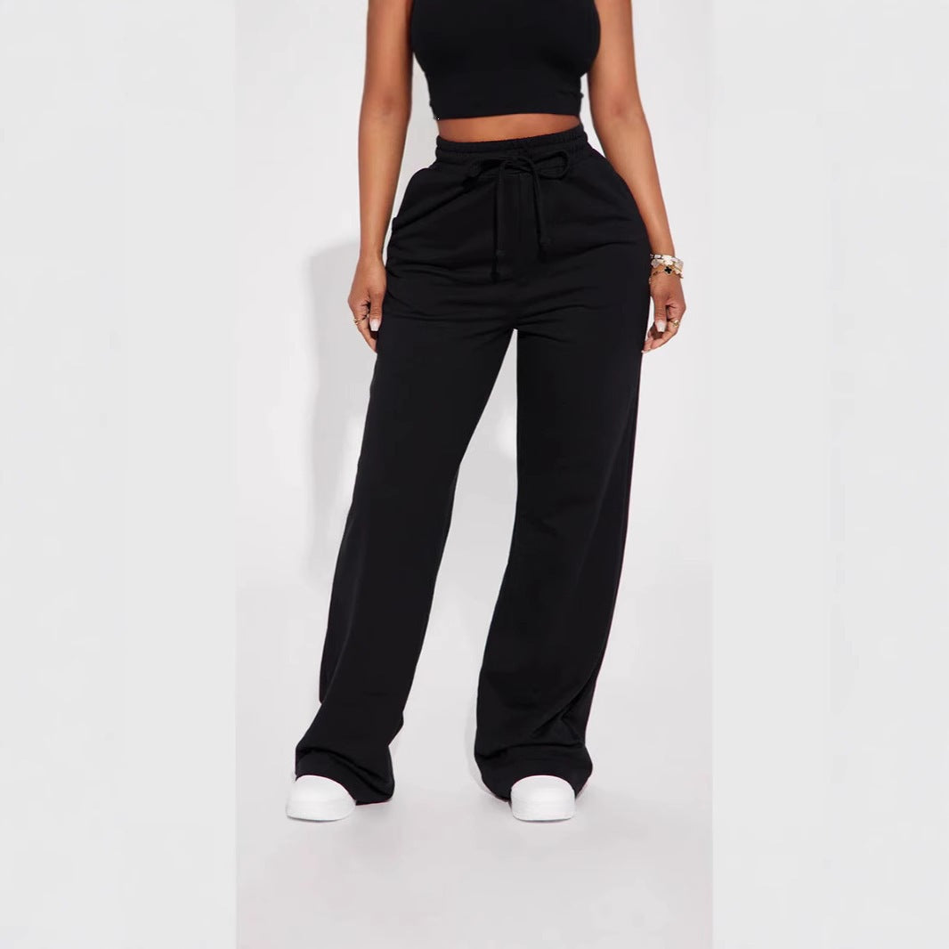 Damen nan breite High-Waist Loungehose aus weichem Baumwollmix mit Kordelzug und Eingrifftaschen Drune