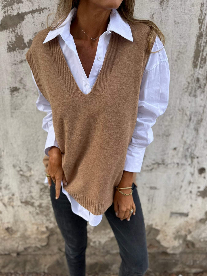 Damen eleganter Strickpullunder mit V-Ausschnitt und feinen Rippdetails Drune