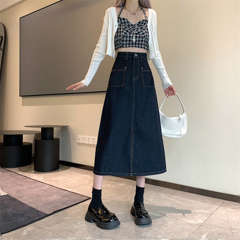 Damen Langer Denim-Rock mit praktischen Taschen Drune