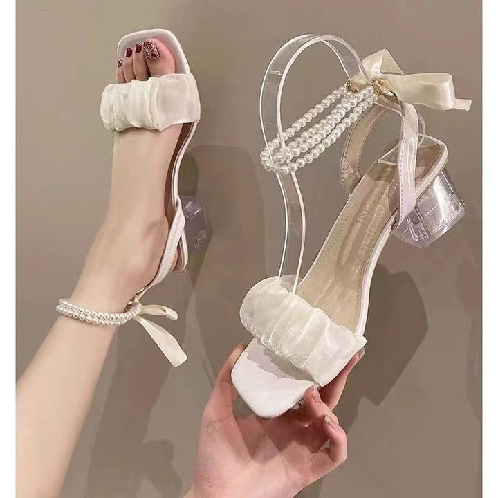 Damen Offene Riemchensandalen mit Perlenbesatz, Rüschenfront und transparentem Blockabsatz Drune