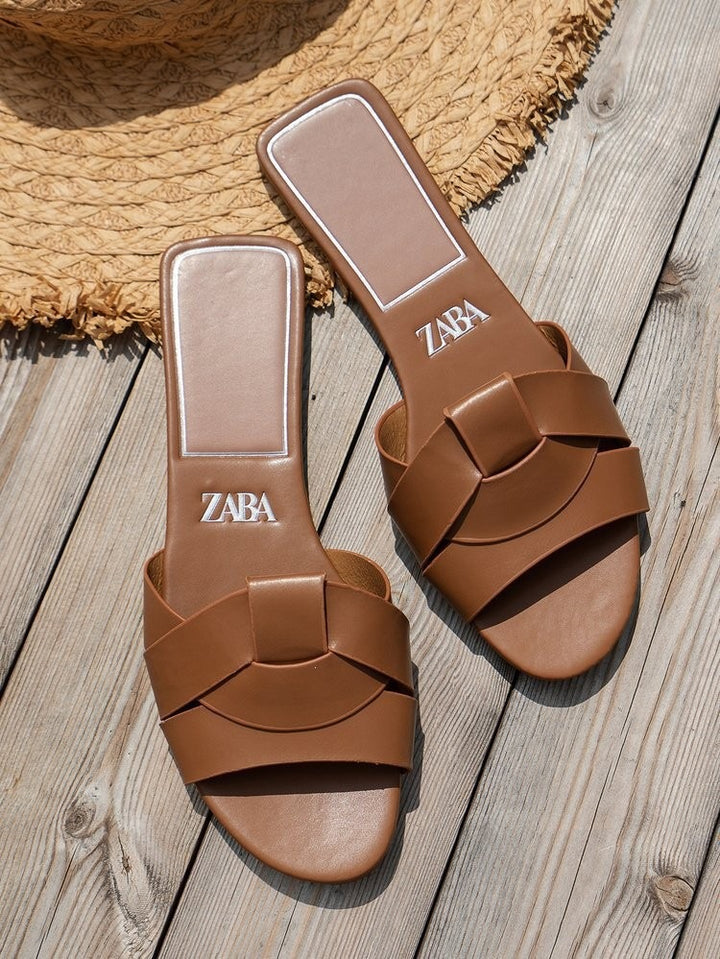 Damen Jeans-Optik Slide-Sandalen mit gekreuzten Stoffriemen und flacher Komfortsohle Drune
