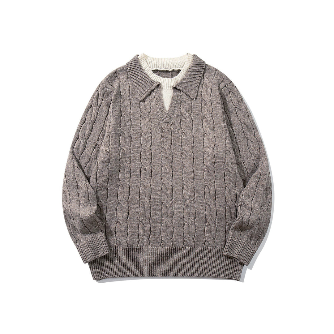 Unisex Strukturiertes Zopfstrick-Pullover mit Polokragen und tiefem V‑Ausschnitt Drune