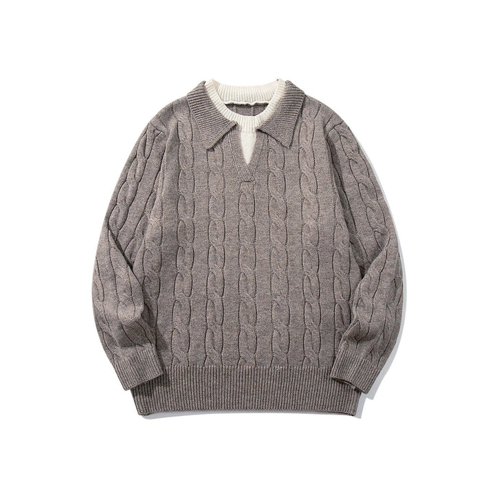Unisex Strukturiertes Zopfstrick-Pullover mit Polokragen und tiefem V‑Ausschnitt Drune