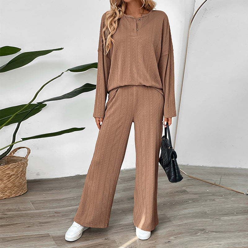 Damen Zweiteiliges Strick-Loungewear-Set mit Wide‑Leg-Hose und Henley-Oberteil Drune