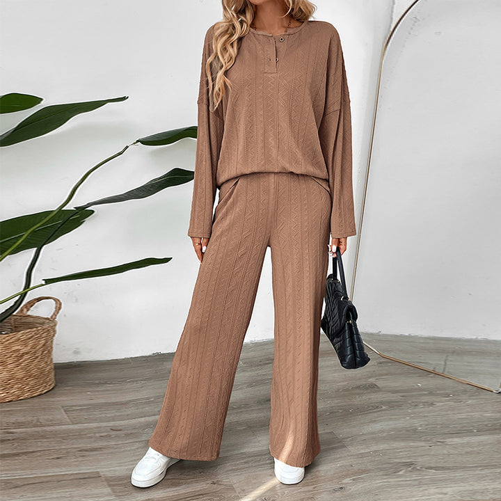 Damen Zweiteiliges Strick-Loungewear-Set mit Wide‑Leg-Hose und Henley-Oberteil Drune