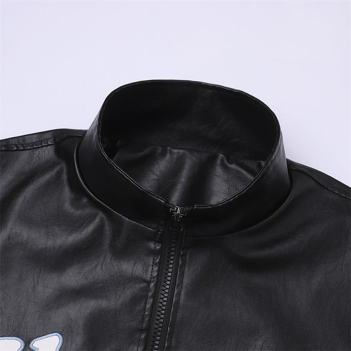 Herren Lederimitat-Bomberjacke mit Stehkragen, Logostickerei & Frontzip Drune