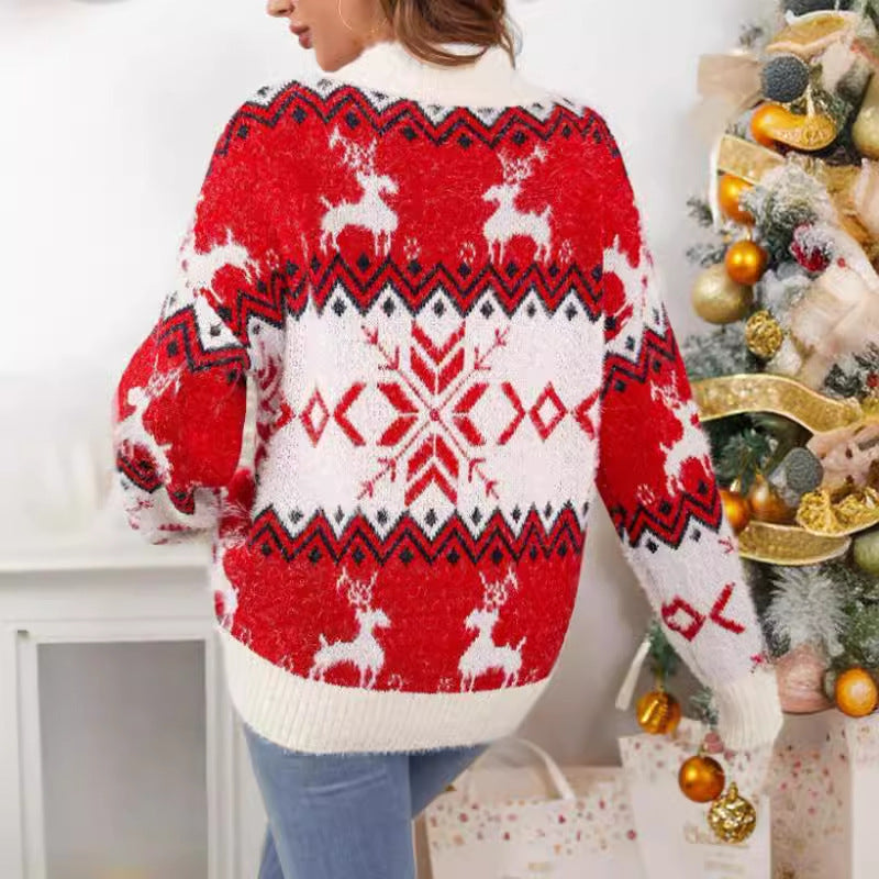 Damen Strickpullover mit festlichem Norweger-Muster und hohem Kragen Drune
