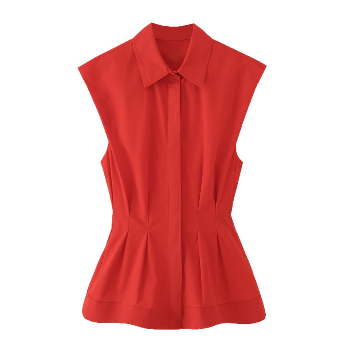 Damen Ärmellose taillierte Bluse mit Kellerfalten und verdeckter Knopfleiste Drune