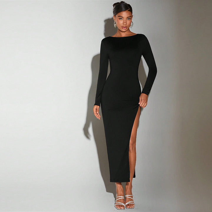 Damen Maxikleid mit langem Arm und elegantem Schlitz Drune
