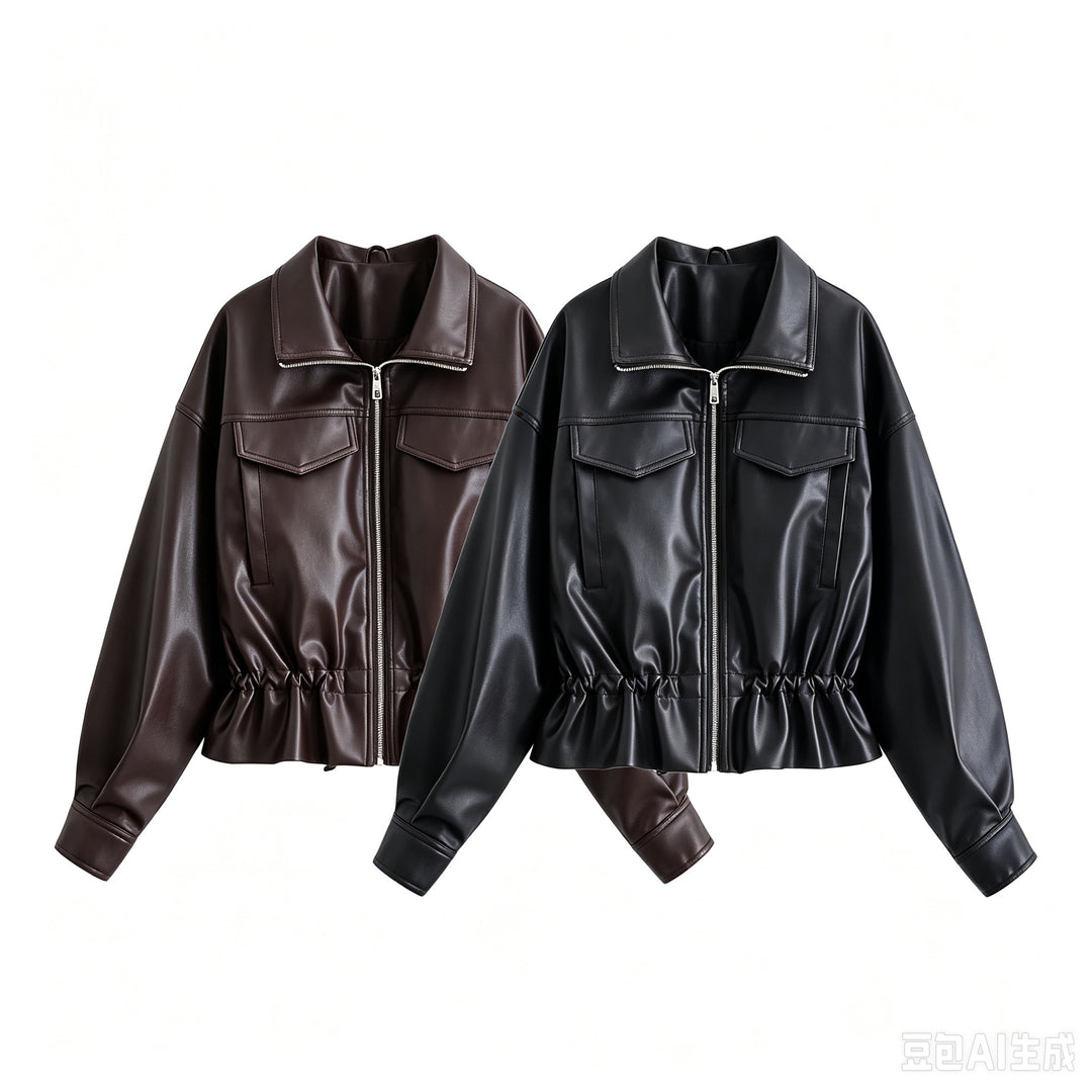Damen Kurzjacke aus veganem Leder mit Tunnelzug und aufgesetzten Brusttaschen Drune
