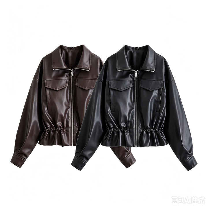 Damen Kurzjacke aus veganem Leder mit Tunnelzug und aufgesetzten Brusttaschen Drune