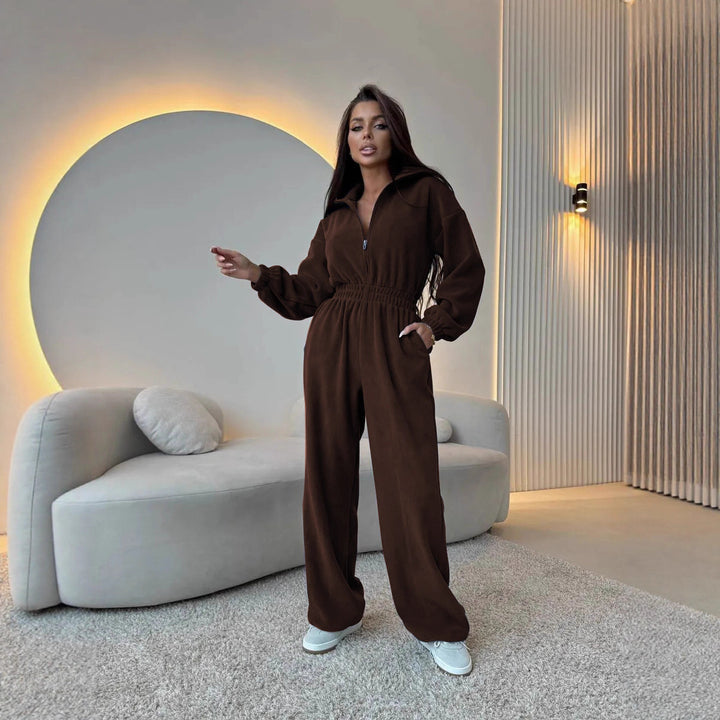 Damen eleganter Lounge-Overall mit elastischer Taillenpartie, Stehkragen, Reißverschluss und weitem Bein Drune