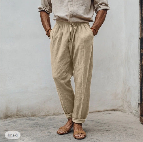 Herren lässige Leinenmisch-Joggerhose mit Kordelzug, angeschrägten Eingrifftaschen und schmalem Knöchelabschluss Drune