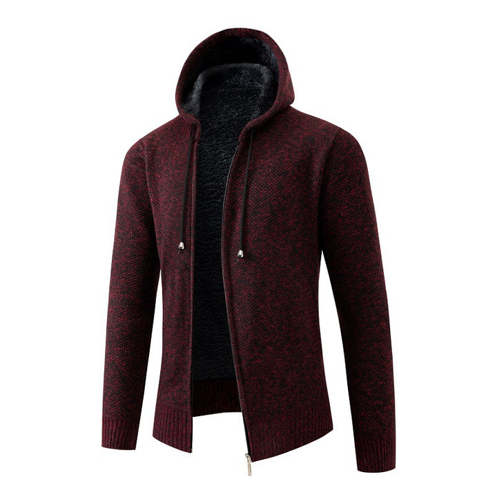 Herren nan melierte Strickzip-Kapuzenjacke mit wärmendem Teddyfutter, verdecktem Zwei-Wege-Reißverschluss und elastischen Bündchen Drune