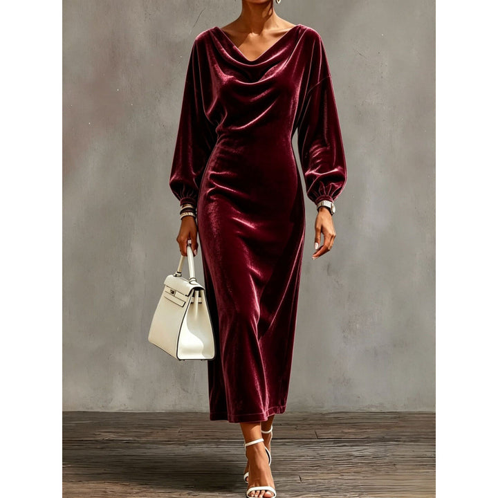 Damen Midikleid aus Samt mit drapiertem Wasserfallkragen und Ballonärmeln Drune
