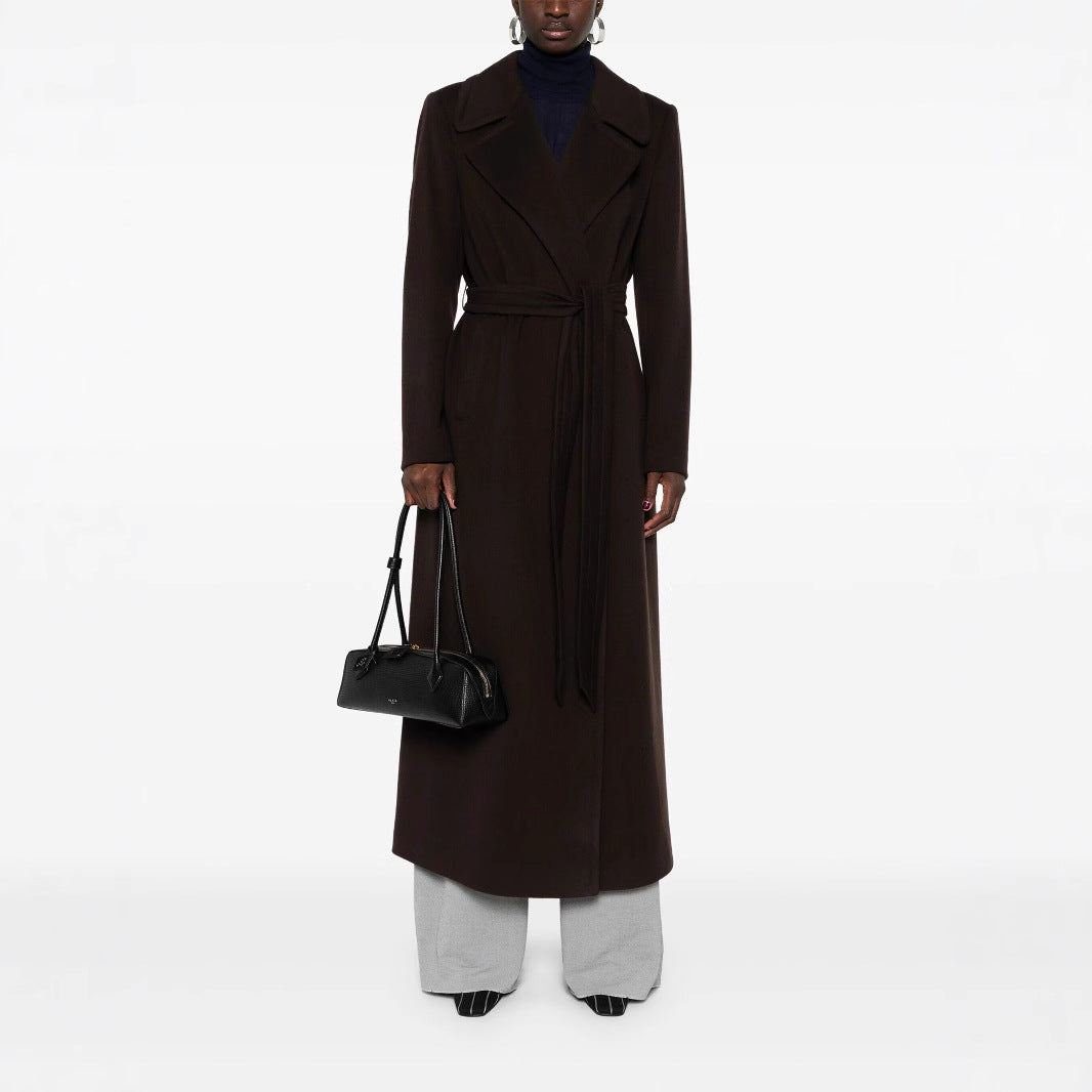 Damen Langer Wickelcoat aus Wollmix mit Bindegürtel und breitem Revers Drune