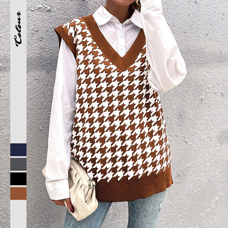 Damen Oversize Strickweste mit Hahnentritt‑Muster und tiefem V‑Ausschnitt Drune