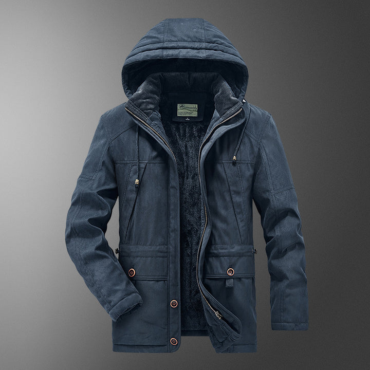 Herren gefütterter Kapuzenparka mit Thermo-Teddyfutter, winddichter Baumwollmix-Außenschale und Mehrfachtaschen Drune