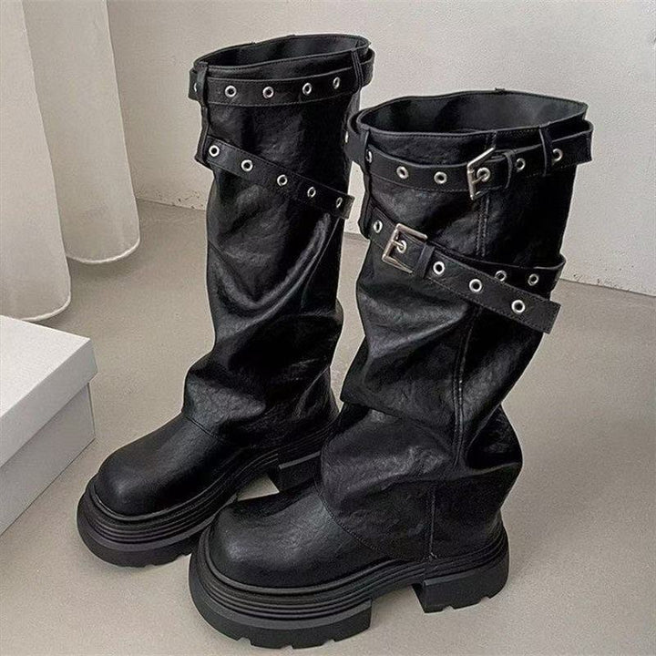 Damen Plateau-Stiefel mit modischem Schnallenverschluss und eleganter Faltenoptik Drune