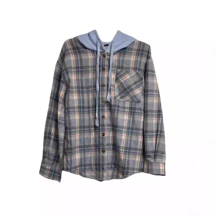 Damen nostalgische Karobluse mit Kapuze und Knopfverschluss Drune