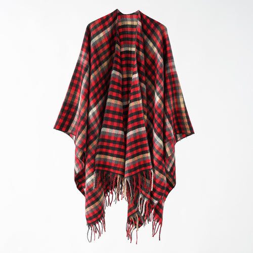 Damen Karierter Wollmix Poncho mit Fransen und offenem Oversize Fall Drune