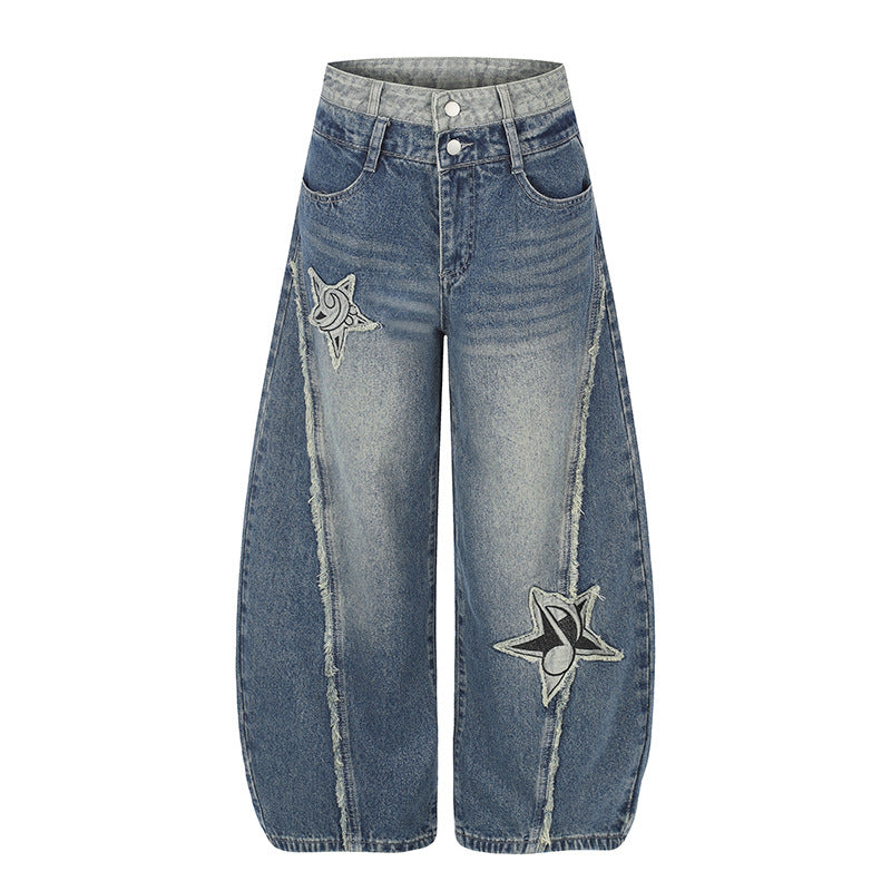 Damen High-Waist Weite Denim-Culotte mit Stern-Applikationen und Fransen-Detail Drune