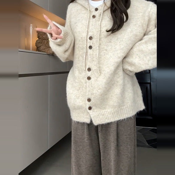 Damen Weiche Kapuzenstrickjacke mit Knopfdetails Drune