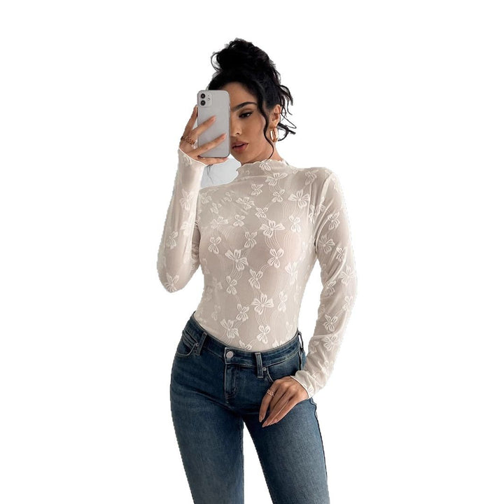 Damen nan figurbetontes durchsichtiges Langarmtop aus Netzstoff mit floraler Stickerei und Stehkragen Drune