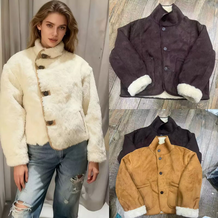 Damen Kurze Schaffelloptik-Jacke mit Stehkragen und großen aufgesetzten Taschen Drune