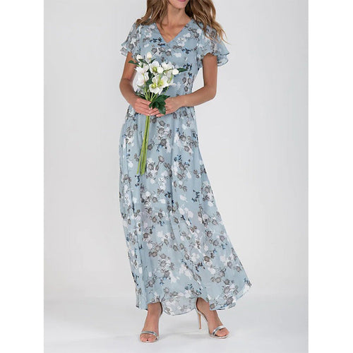 Damen Maxikleid mit floralem Chiffon-Stoff und transparenten Ärmeln Drune