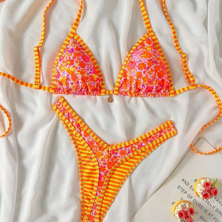 Damen Triangel-Bikini mit Rüschendetails und Karomuster Drune