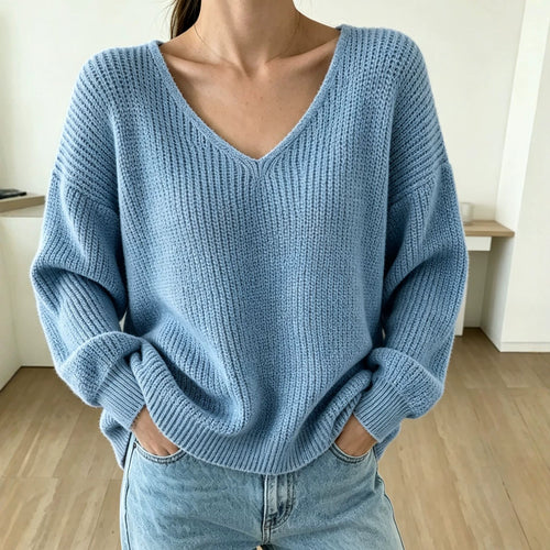 Damen Lässiger Boxy-Grobstrickpullover mit V-Ausschnitt und gerippten Bündchen Drune