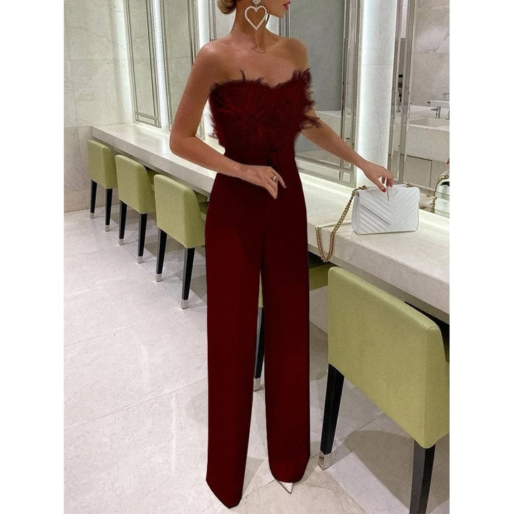 Damen Eleganter Jumpsuit mit Federn und Taillengürtel Drune