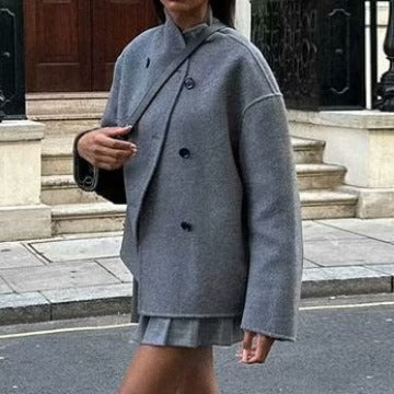 Damen Oversized Doppelreihiger Wollmantel mit Stehkragen Drune