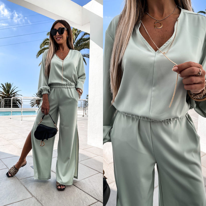 Damen elegantes Jumpsuit mit weiten Beinen und V-Ausschnitt Drune