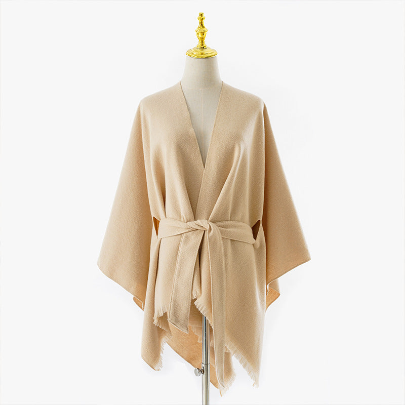 Damen Weichfallender Strick‑Wickelponcho mit Bindegürtel und Fransensaum Drune