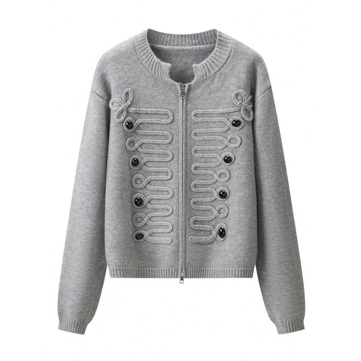 Damen Kurz geschnittene Strickjacke mit dekorativen Kordelapplikationen und Zwei-Wege‑Reißverschluss Drune