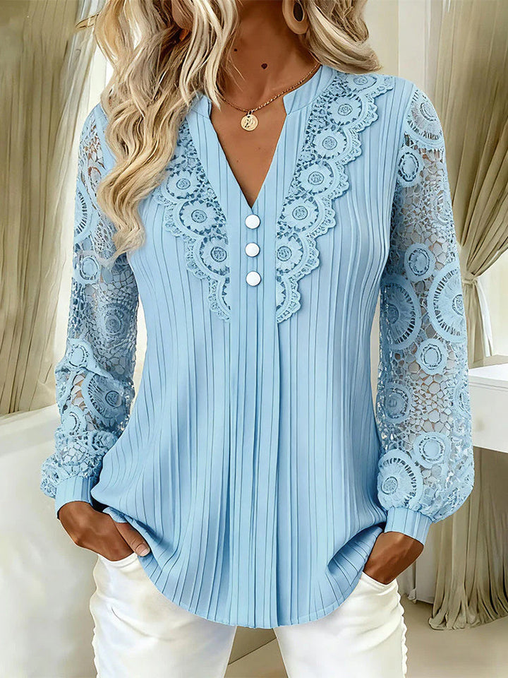 Damen Elegante Plissée-Bluse mit Spitzenärmeln und V-Ausschnitt Drune