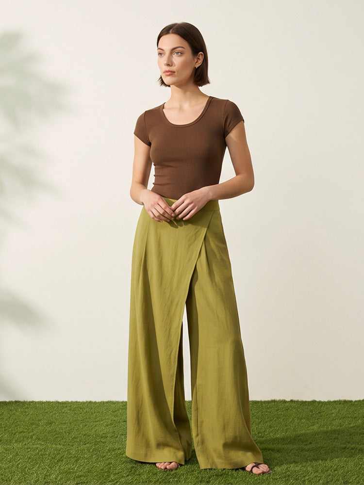 Damen High‑Waist Wickel‑Palazzohose mit weitem Bein und fließender Leinenoptik Drune
