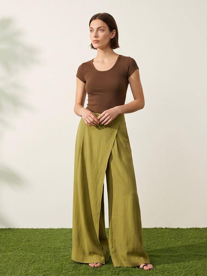 Damen High‑Waist Wickel‑Palazzohose mit weitem Bein und fließender Leinenoptik Drune