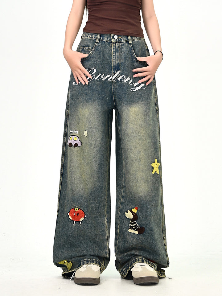 Damen Weitgeschnittene Kostümjeans mit buntem Stickdesign Drune