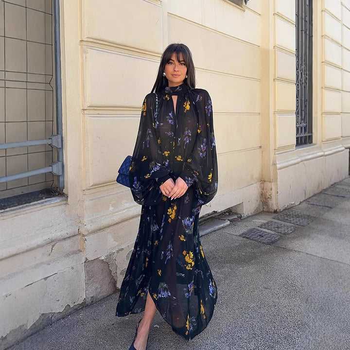 Damen Chiffon-Maxikleid mit Stehkragen, Keyhole-Ausschnitt & voluminösen Ballonärmeln Drune