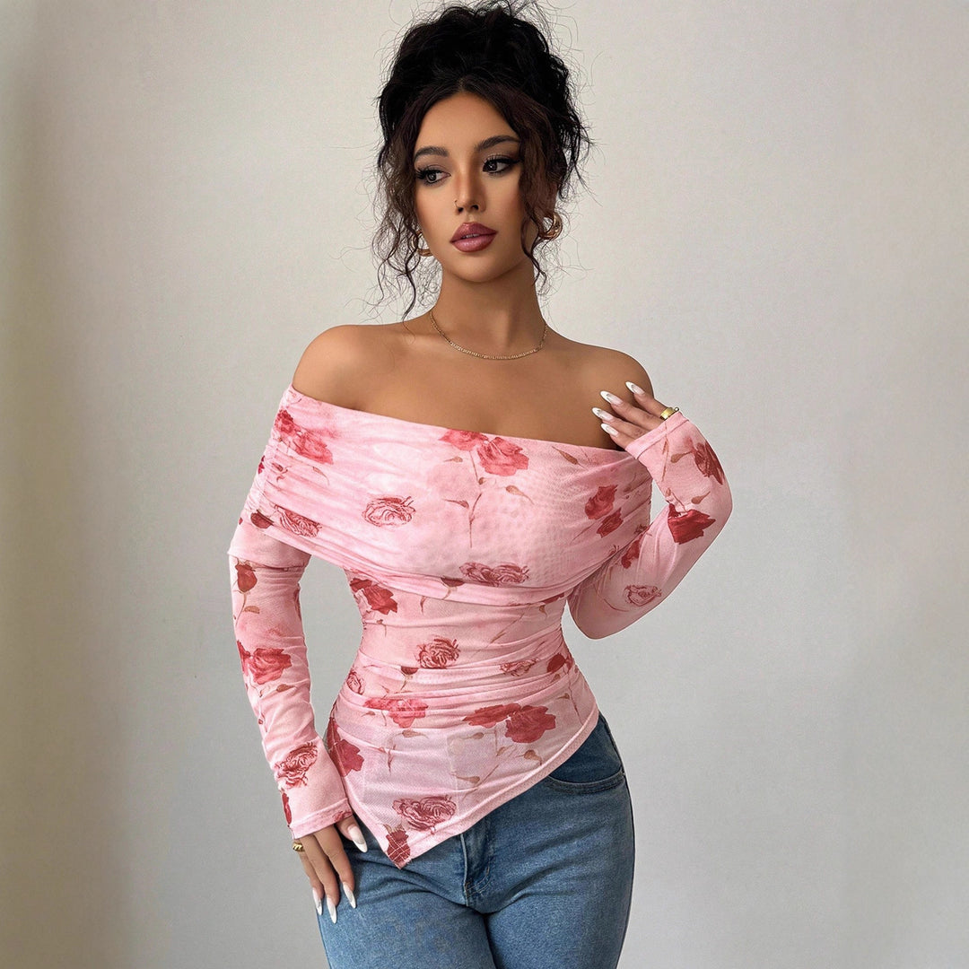 Damen nan schulterfreies gerafftes Langarm-Oberteil aus feinem Mesh mit floralem Print und taillierter Silhouette Drune