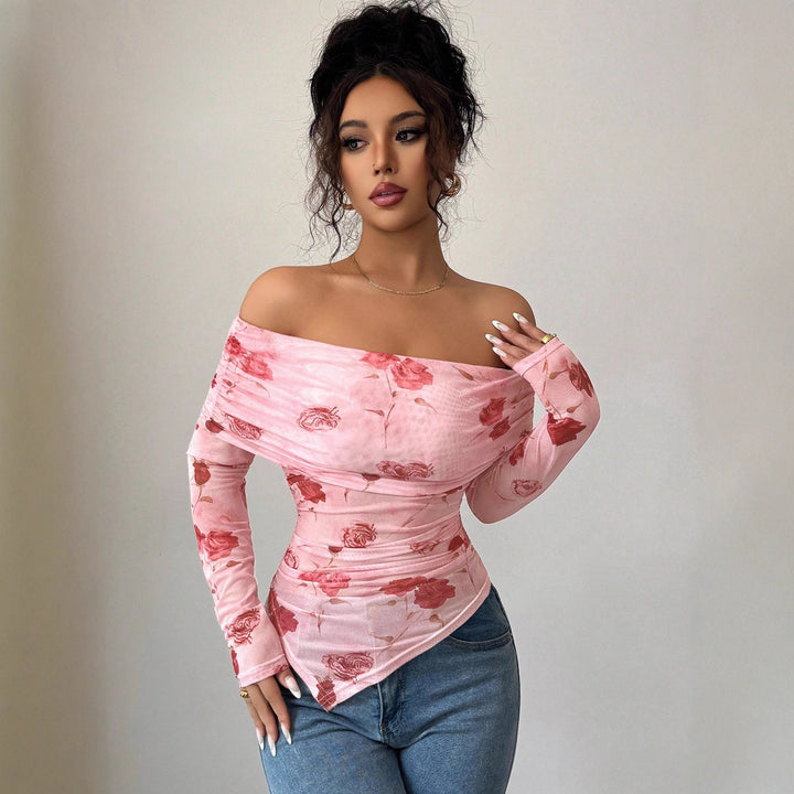 Damen nan schulterfreies gerafftes Langarm-Oberteil aus feinem Mesh mit floralem Print und taillierter Silhouette Drune