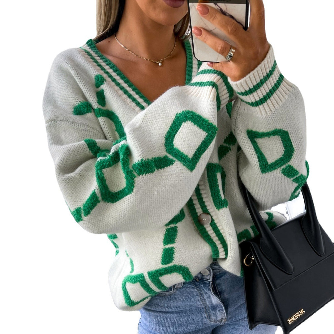 Damen Grobstrick Cardigan mit geometrischem Muster und großen Knöpfen Drune