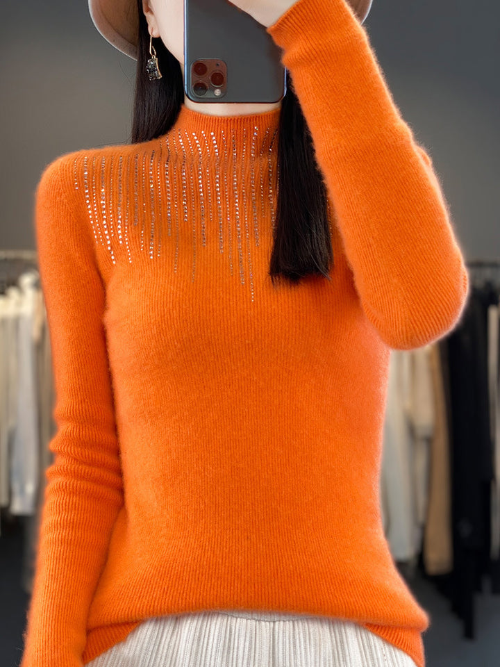 Damen Kaschmir‑Optik Mockneck-Pullover mit funkelnder Strasskaskade Drune