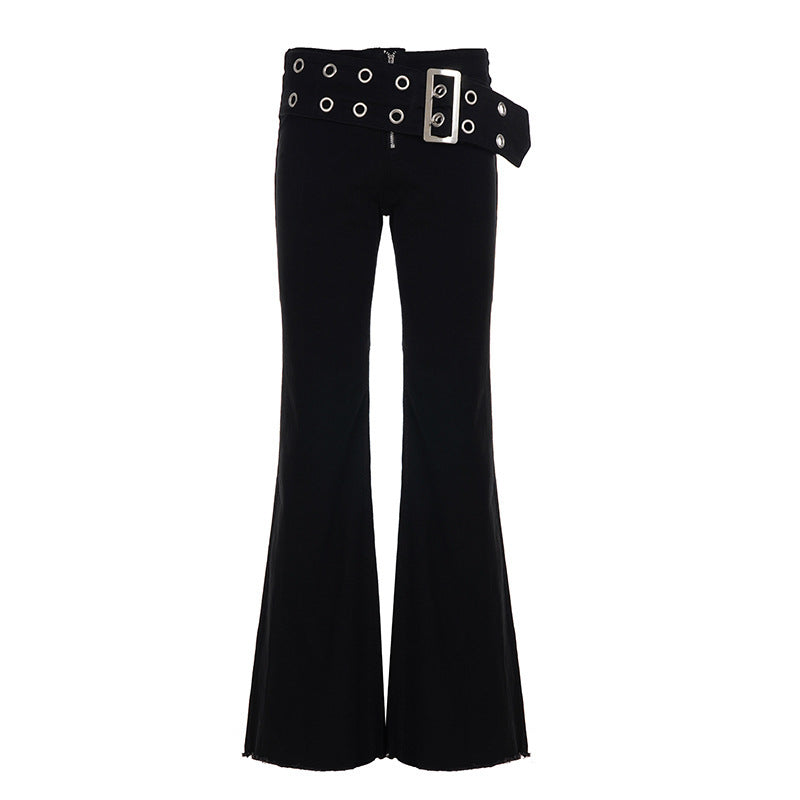 Damen High‑Waist Schlaghose aus Stretch‑Denim mit Ösengürtel Drune